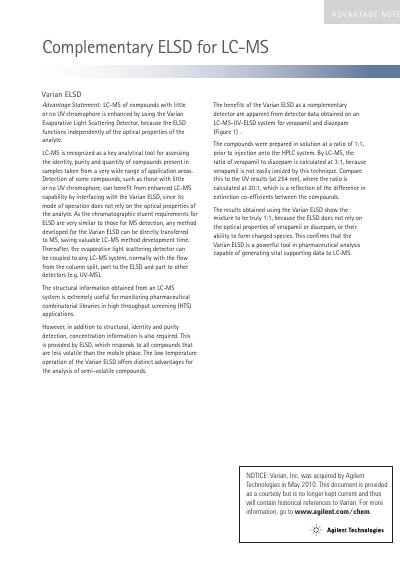 Varian ELSD Complementary Detector for LC-MS Advantage Statement - cover page