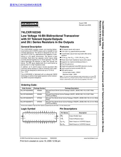Fairchild Semiconductor 74LCXR162245 Low Voltage 16-Bit Bidirectional Transceiver Datasheet - cover page