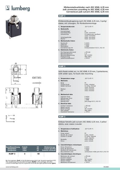 Lumberg KLBP 3 Jack Connector Datasheet - cover page