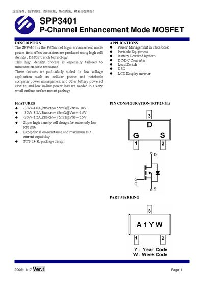 SYNC Power SPP3401 P-Channel MOSFET Datasheet - cover page