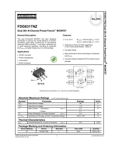 Fairchild FDG6317NZ Dual N-Channel MOSFET Datasheet - cover page