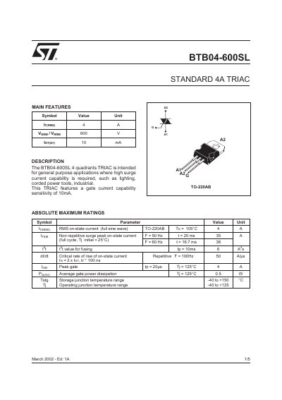 STMicroelectronics BTB04-600SL TRIAC Datasheet - cover page
