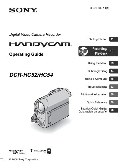 Sony DCR-HC52/HC54 Camcorder Operating Guide