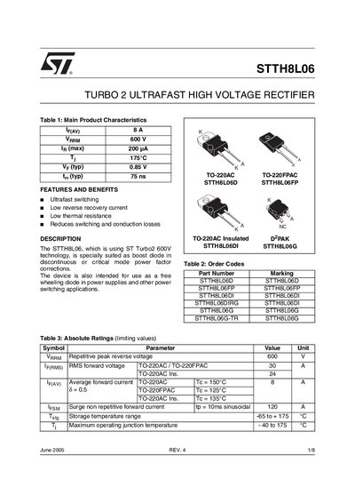 STMicroelectronics STTH8L06 Turbo 2 UltraFast High Voltage Rectifier Datasheet - cover page