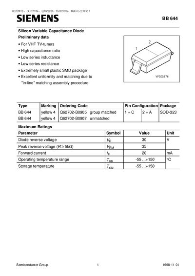 Siemens BB 644 Silicon Variable Capacitance Diode Datasheet - cover page