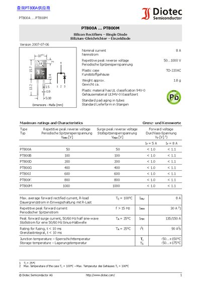 Diotec PT800A ... PT800M Data Sheet - cover page