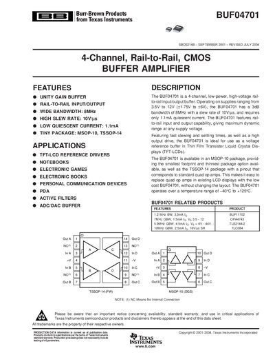 Texas Instruments BUF04701 4‑Channel Rail‑to‑Rail CMOS Buffer Amplifier Data Sheet - cover page