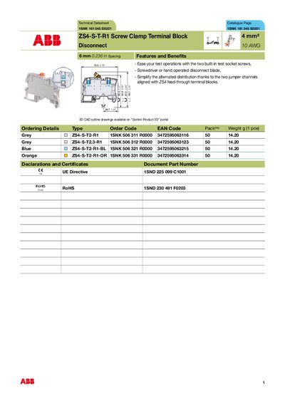 ABB ZS4-S-T-R1 Screw Clamp Terminal Block Technical Datasheet - cover page