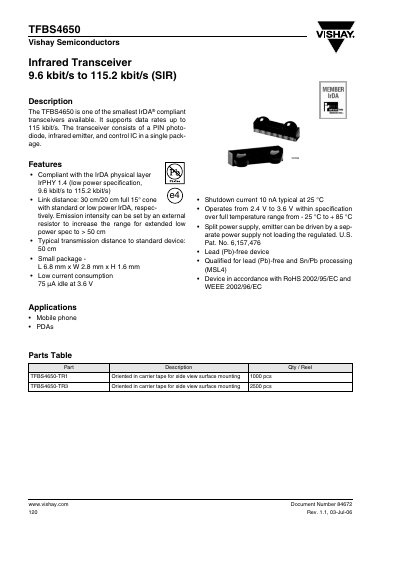 Vishay TFBS4650 Infrared Transceiver Datasheet - cover page