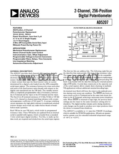Analog Devices AD5207 Digital Potentiometer Datasheet - cover page