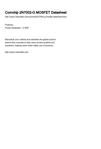 Comchip Technology 2N7002-G MOSFET Datasheet - cover page