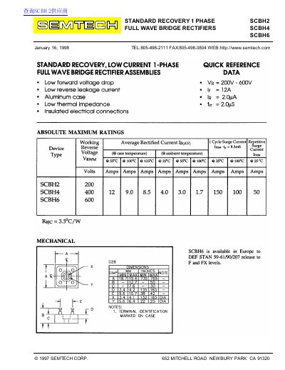 Semtech SCBH2/SCBH4/SCBH6 Full Wave Bridge Rectifiers Datasheet