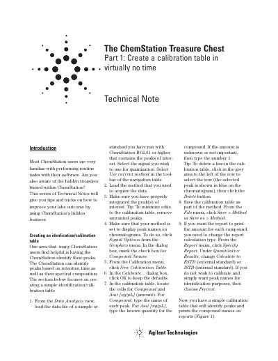 Agilent ChemStation Technical Note: Create a Calibration Table - cover page