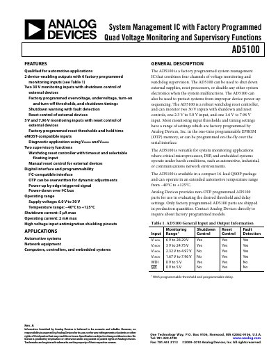 Analog Devices AD5100 System Management IC Datasheet - cover page