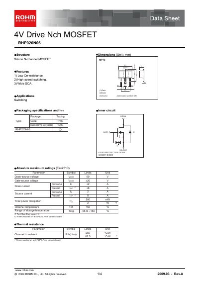 ROHM RHP020N06 Datasheet - cover page