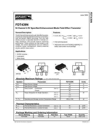 Fairchild Semiconductor FDT439N N-Channel Enhancement Mode FET Datasheet - cover page