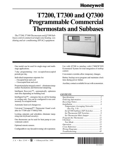 Honeywell T7200/T7300/Q7300 Programmable Thermostat User Manual - cover page