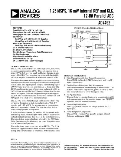 ANALOG DEVICES 1.25 MSPS 16 mW Internal REF CLK 12-Bit Parallel ADC AD7492 handbook - cover page