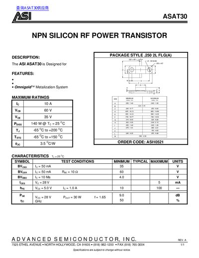 ASI ASAT30 NPN Silicon RF Power Transistor Datasheet - cover page
