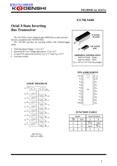 KodenShi KK74LV640 Octal 3-State Inverting Bus Transceiver Datasheet - cover page