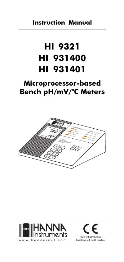 Hanna Instruments HI 9321/931400/931401 Bench pH Meter Instruction Manual - cover page
