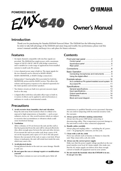 Yamaha EMX640 Powered Mixer Owner's Manual
