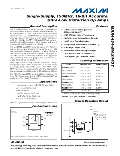 MAXIM MAX4434 MAX4437 Single-Supply 150MHz 16-Bit Accurate Ultra-Low Distortion Op Amps handbook - cover page