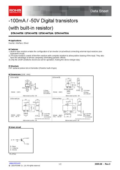 ROHM DTA144TM/DTA144TE/DTA144TUA/DTA144TKA Datasheet - cover page