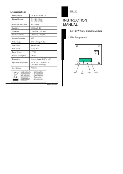 EverFocus EB100 1/3" B/W CCD Camera Module Instruction Manual - cover page