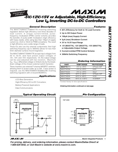 Maxim MAX774/MAX775/MAX776 Inverting Switching Regulator Datasheet - cover page