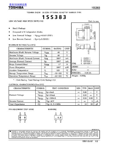 Toshiba 1SS383 Schottky Diode Datasheet - cover page