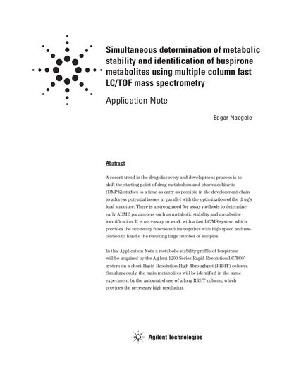 Agilent 6210 Series TOF Application Note: Metabolic Stability of Buspirone - cover page
