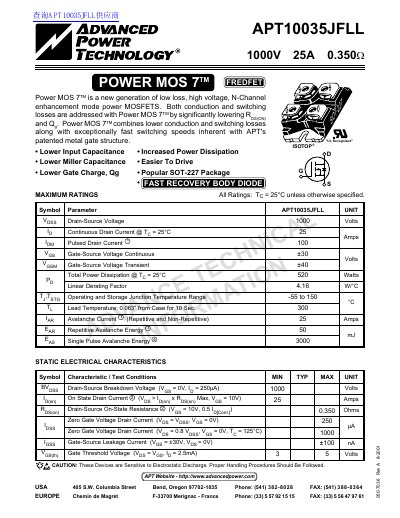 Advanced Power Technology APT10035JFLL Power MOSFET Datasheet - cover page