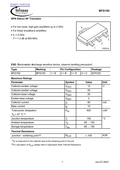 Infineon BFG193 NPN Silicon RF Transistor Datasheet - cover page