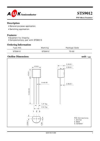 A K Semiconductor STS9012 PNP Silicon Transistor Datasheet - cover page