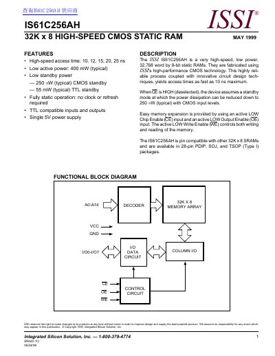 ISSI IS61C256AH 32K x 8 High-Speed CMOS Static RAM Datasheet - cover page