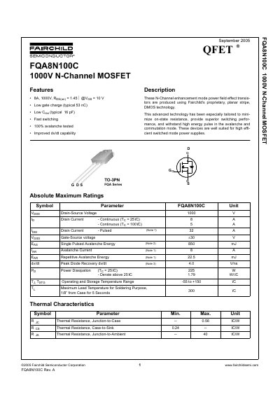 Fairchild Semiconductor FQA8N100C 1000V N-Channel MOSFET Datasheet - cover page