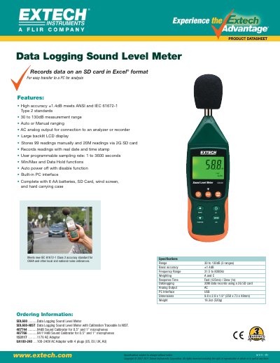 Extech SDL600 Data Logging Sound Level Meter Product Leaflet - cover page