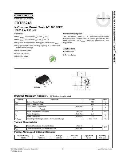 Fairchild FDT86246 N-Channel Power Trench MOSFET Datasheet - cover page