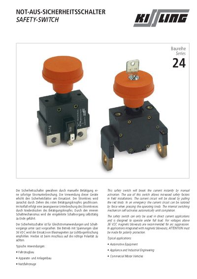 Kissling 24 Safety Switch Product Data Sheet - cover page