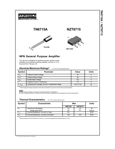 Fairchild TN6715A/NZT6715 NPN General Purpose Amplifier Datasheet - cover page