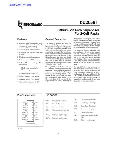 Texas Instruments bq2058T Lithium Ion Pack Supervisor Datasheet - cover page