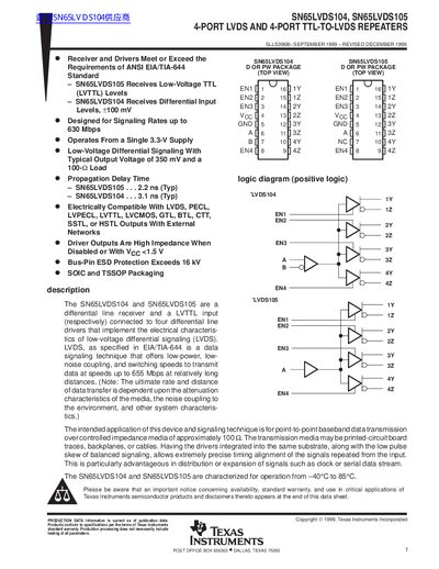 Texas Instruments SN65LVDS104/SN65LVDS105 4-Port LVDS/TTL-to-LVDS Repeaters Data Sheet - cover page