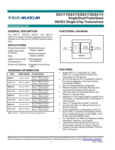 Maxim DS3171/DS3172/DS3173/DS3174 DS3/E3 Single-Chip Transceiver Datasheet - cover page