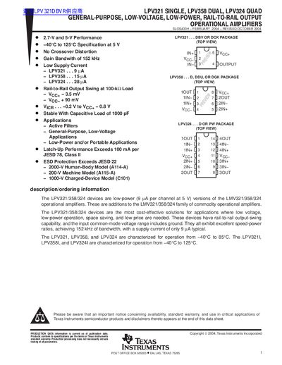 TEXAS INSTRUMENTS LPV321 SINGLE LPV358 DUAL LPV324 QUAD DATA SHEET - cover page