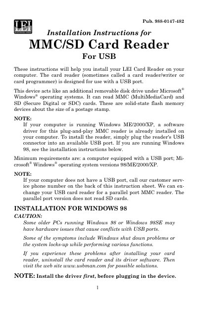 LEI EXTRAS MMC/SD Card Reader Installation Instructions - cover page