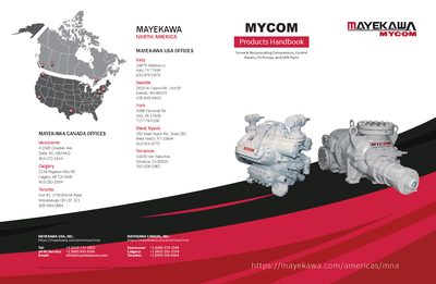 Mayekawa MYCOM Products Handbook – Screw & Reciprocating Compressors, Control Panels, Oil Pumps, OEM Parts - cover page