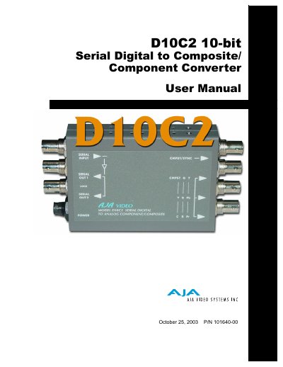 AJA D10C2 10-bit SDI to Analog Converter User Manual - cover page