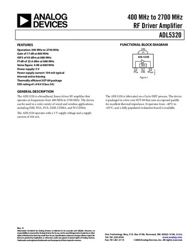 Analog Devices ADL5320 RF Driver Amplifier Datasheet - cover page