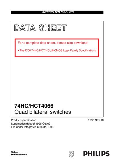 Philips 74HC/HCT4066 Quad Bilateral Switches Datasheet - cover page